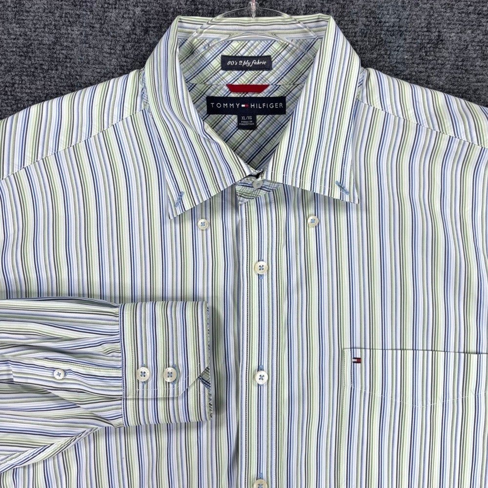Tommy Hilfiger Mens XL Button Down Shirt 80s 2 Ply Fabric Striped Blue Green